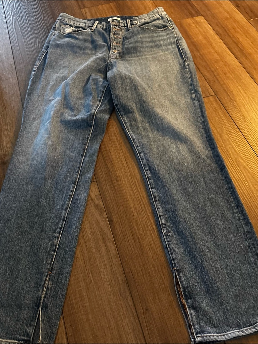 Good American men Straight Leg Jeans in Medium Blue Wash distressed sz 32